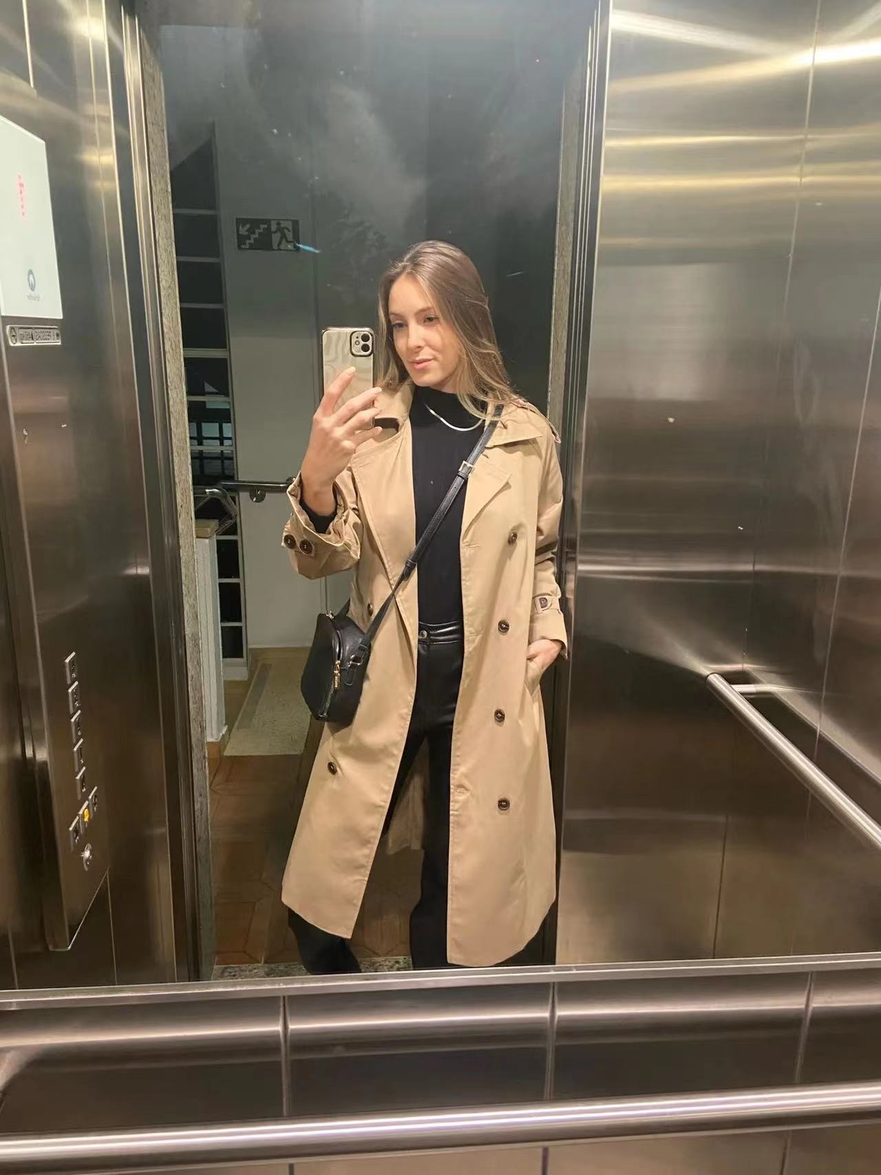 Dam Trenchcoat Överdimensionerad Dubbla Knapprader Vattenavvisande Tyg-6
