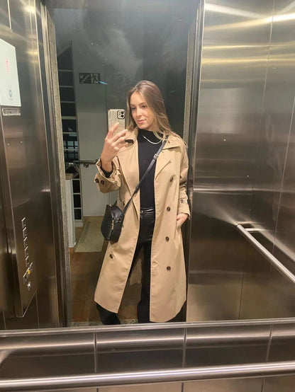 Dam Trenchcoat Överdimensionerad Dubbla Knapprader Vattenavvisande Tyg-6