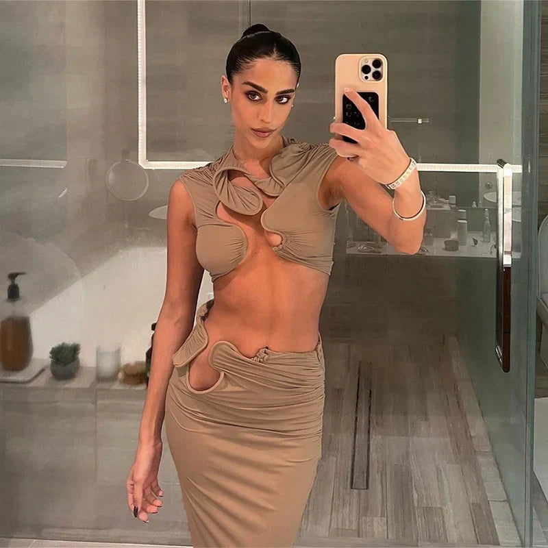 Dam Rock Set Ärmlös Spandex Ihålig Design-4