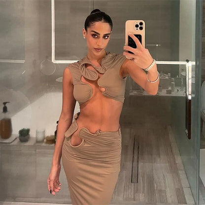 Dam Rock Set Ärmlös Spandex Ihålig Design-4