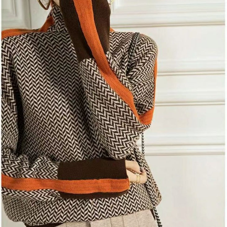 Stickad Dam Turtleneck Tröja Geometrisk Ull för Höst och Vinter-2