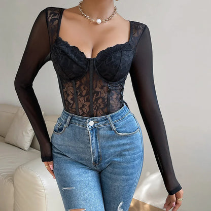 Dam Bodysuit Långärmad Med Toppapplikation Polyester Spandex-3