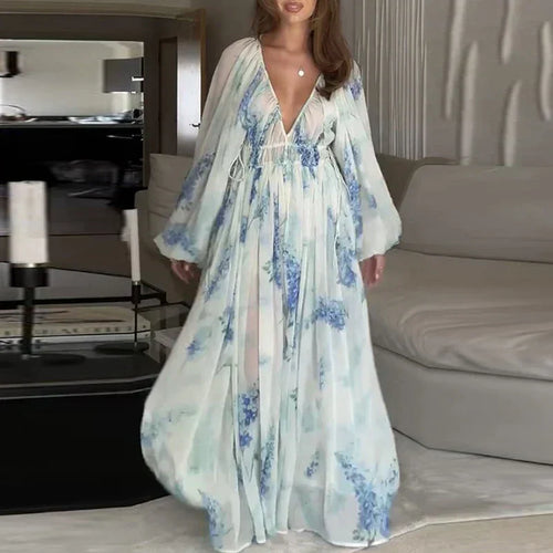 Dam Aftonklänning Lång V-halslinje med Långa Ärmar Luftigt Material-1