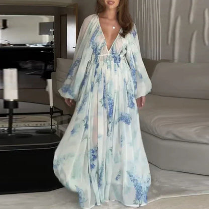 Dam Aftonklänning Lång V-halslinje med Långa Ärmar Luftigt Material-2