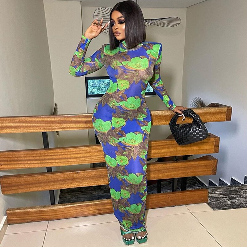 Maxiklänning Dam Blommig Design Lång Ärmar Polyester-3