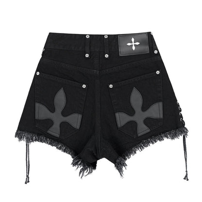Hög Midja Denim Damshorts med Löst Snitt och Unik Lapptäckedesign – Bekväm och Trendig för Sommaren 8