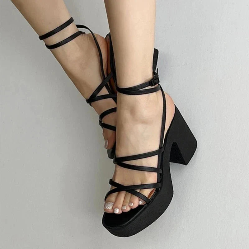 Dam Sandaler Fyrkantig Tå Hög Klack Syntetiskt Läder-2