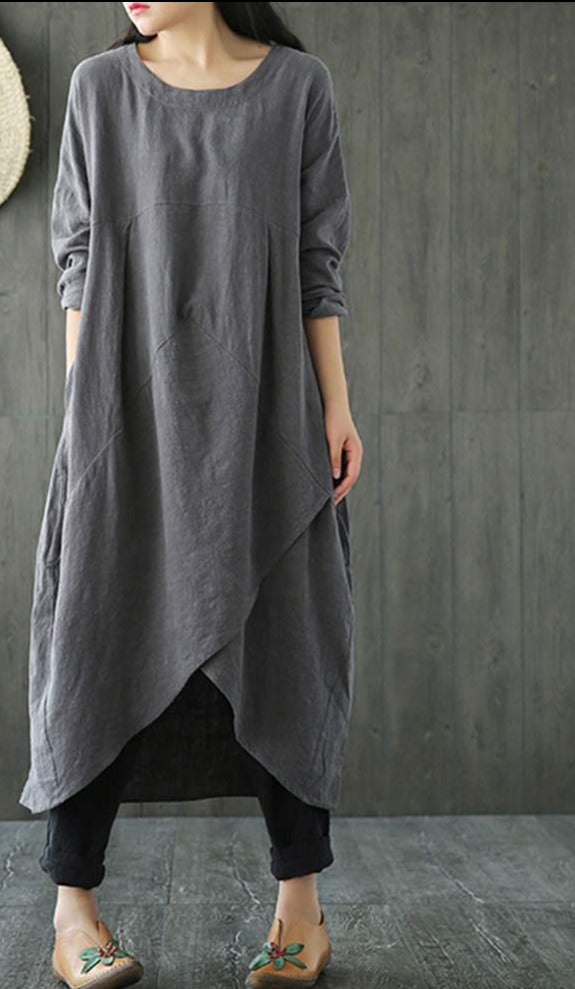 Dam Midi Klänning Oregelbunden Design i Bomull - Fina Dam Klänningar-2