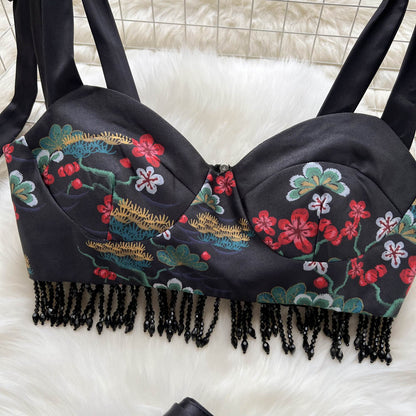 Blommigt Broderi Kvinna Kort Set i Mjuk Spandex – Topp och Minikjol för Sommarfester och Avslappnade Dagar 4