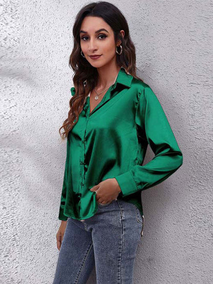 Kvinnors Blus Satin Avslappnat Snitt Långa Ärmar-3