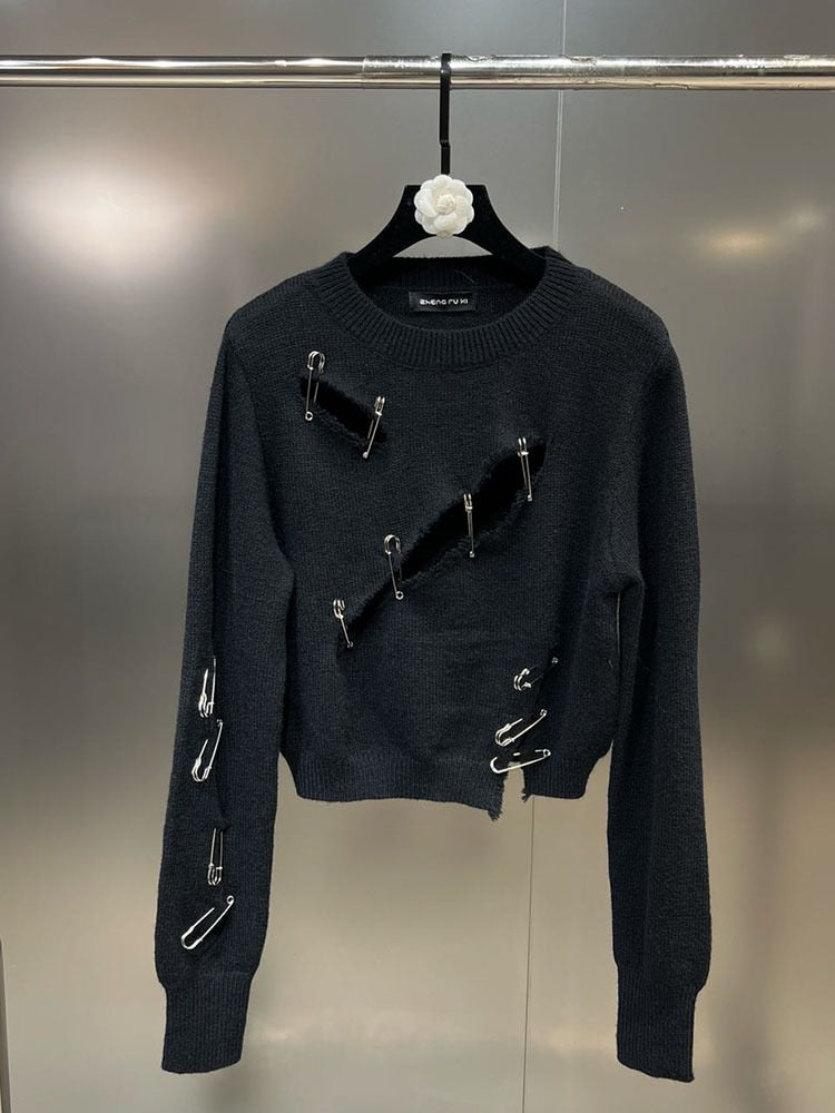 Stickad Dam Tröja Monokrom Polyester med Virkningsarbete-1