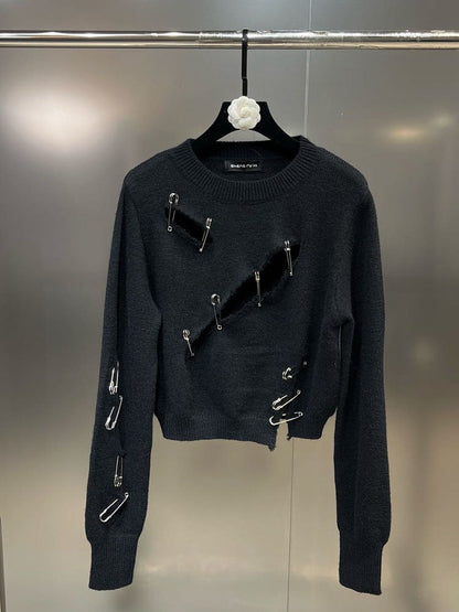 Stickad Dam Tröja Monokrom Polyester med Virkningsarbete-1