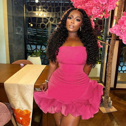 Damklänning Axel Fri Med Spets Detaljer, Mini Klänning i Bomull och Polyester-2