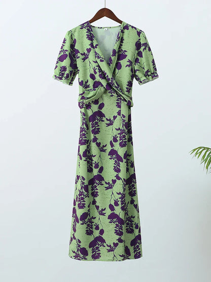 Kvinnors Wrap Klänning Blommönster Kort Ärmar Andningsbart Tyg 5