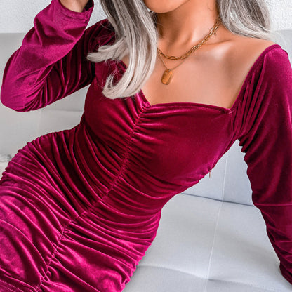 Dam MIDI Klänning Långa Ärmar Sammet Elegant och Mångsidig-3