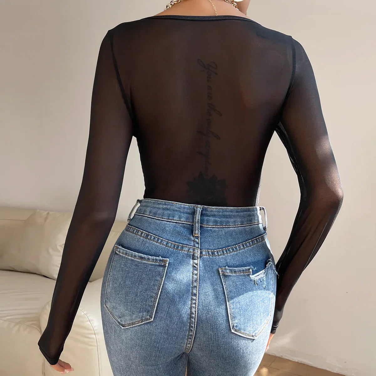 Dam Bodysuit Långärmad Med Toppapplikation Polyester Spandex-6