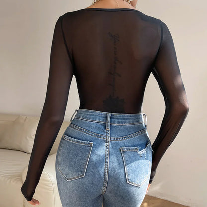 Dam Bodysuit Långärmad Med Toppapplikation Polyester Spandex-6