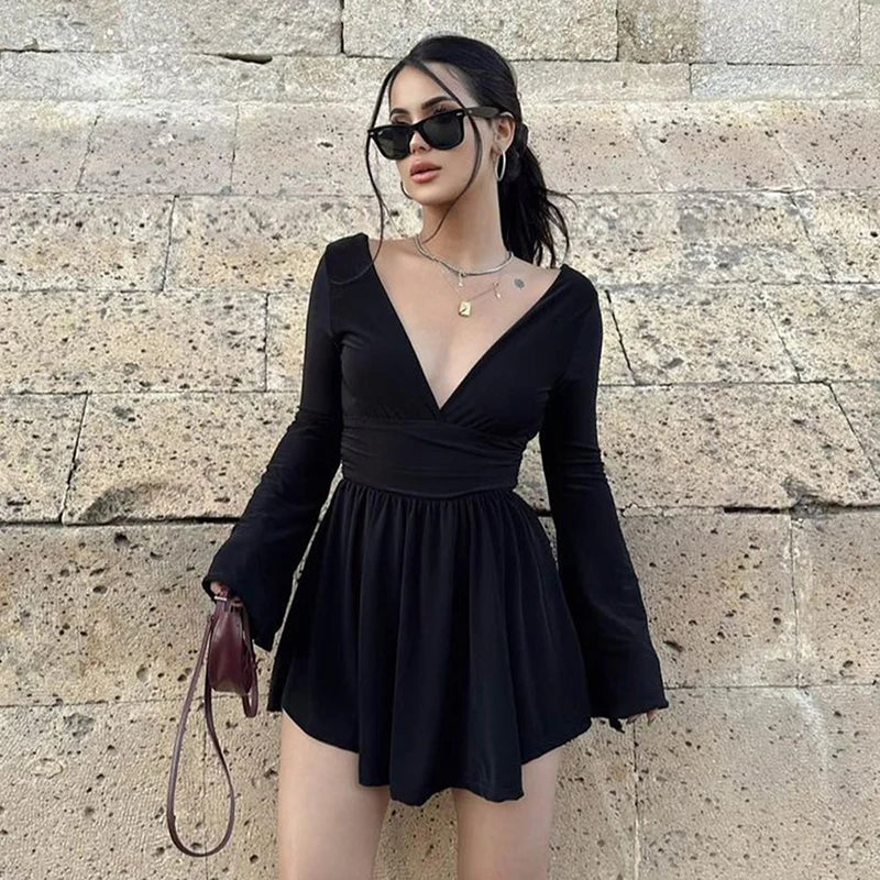 Dam Miniklänning V-ringad Veckad Polyester-3