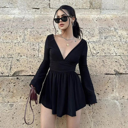 Dam Miniklänning V-ringad Veckad Polyester-3