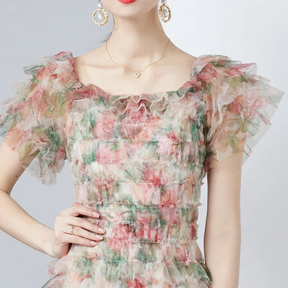 Kvinna Midi Klänning A-Line Fyrkantig Halsringning Bomullsblandning-5