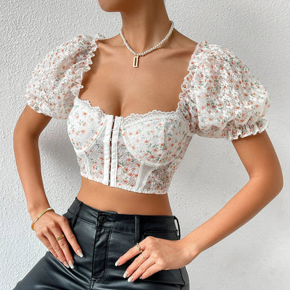 Dam Festtoppar Puffärmad Korsett Topp i Polyester-3