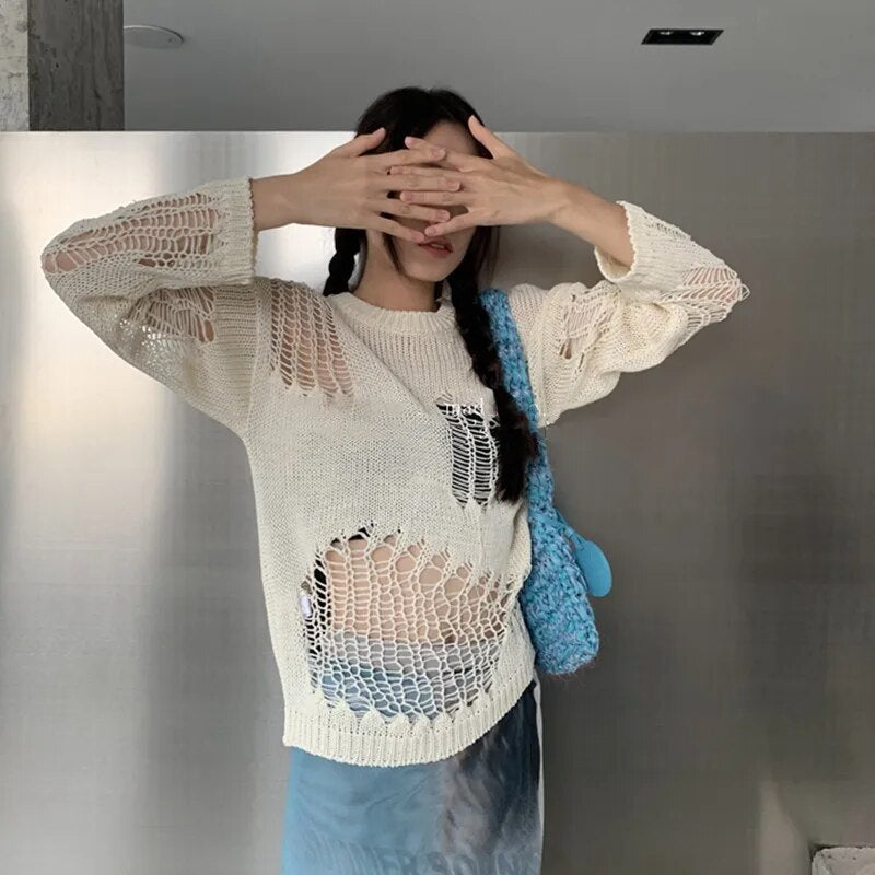 Dam Tröja Hålmönster Viskos Rund Hals Standardklipp-3