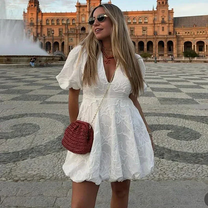 Kvinna Miniklänning Puffärmar Lätt Tyg-3