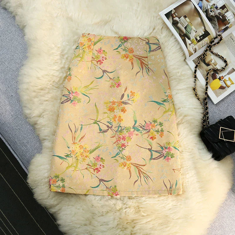 Dam Mini Kjol A-linje Blommönster Bomull och Linne-1