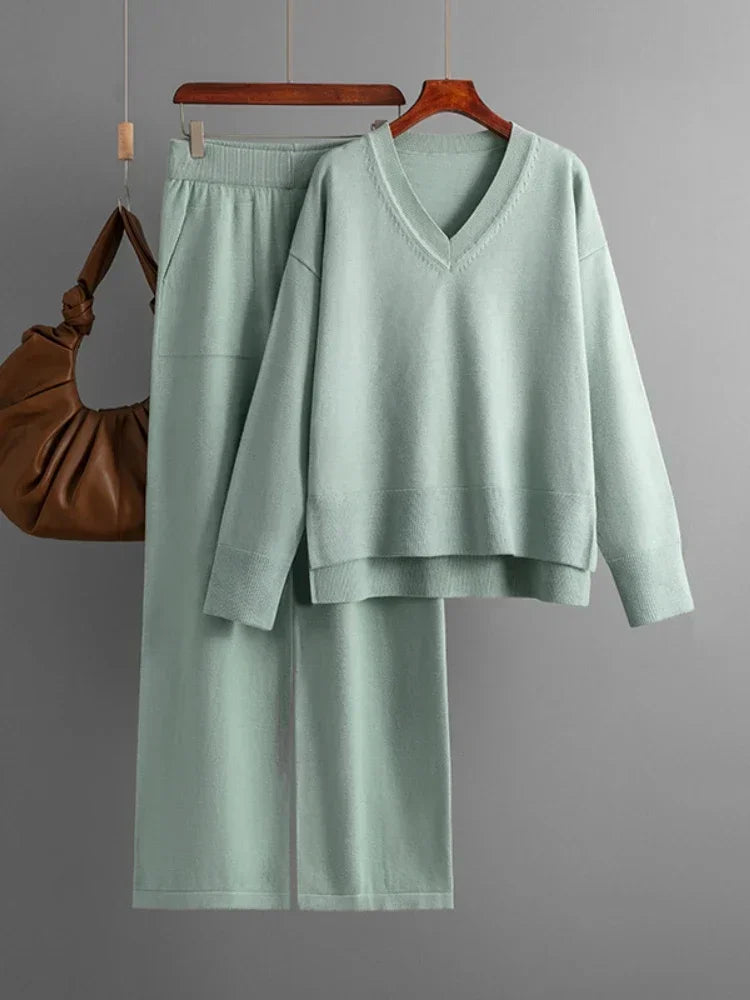 Variant image for Kvinnors Lounge Set Avslappnad V-ringning Mjuk Stickad Fiber-3