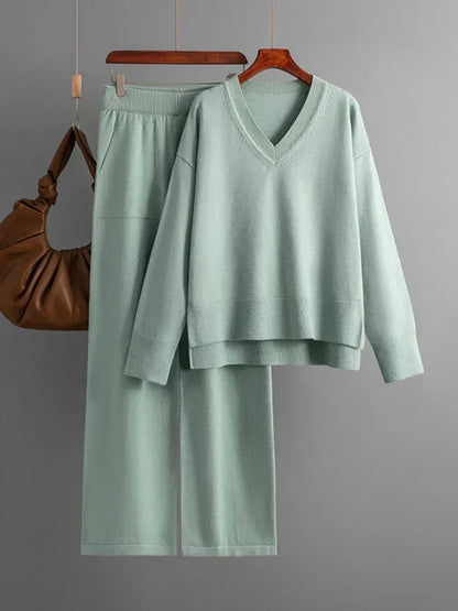 Variant image for Kvinnors Lounge Set Avslappnad V-ringning Mjuk Stickad Fiber-3