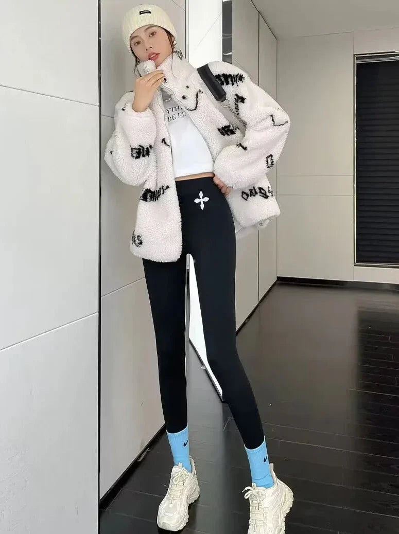 Dam Leggings Hög Midja Monokrom Polyester Spandex Fleece-2