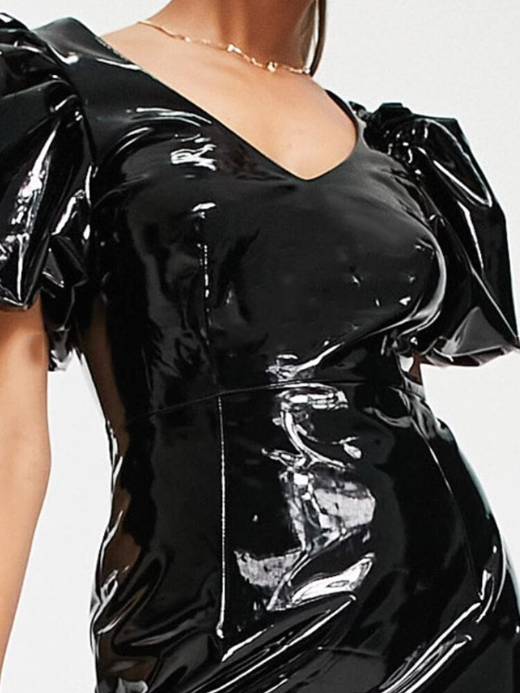 Dam Klänning Mini Puffärmar Syntetiskt Läder 4