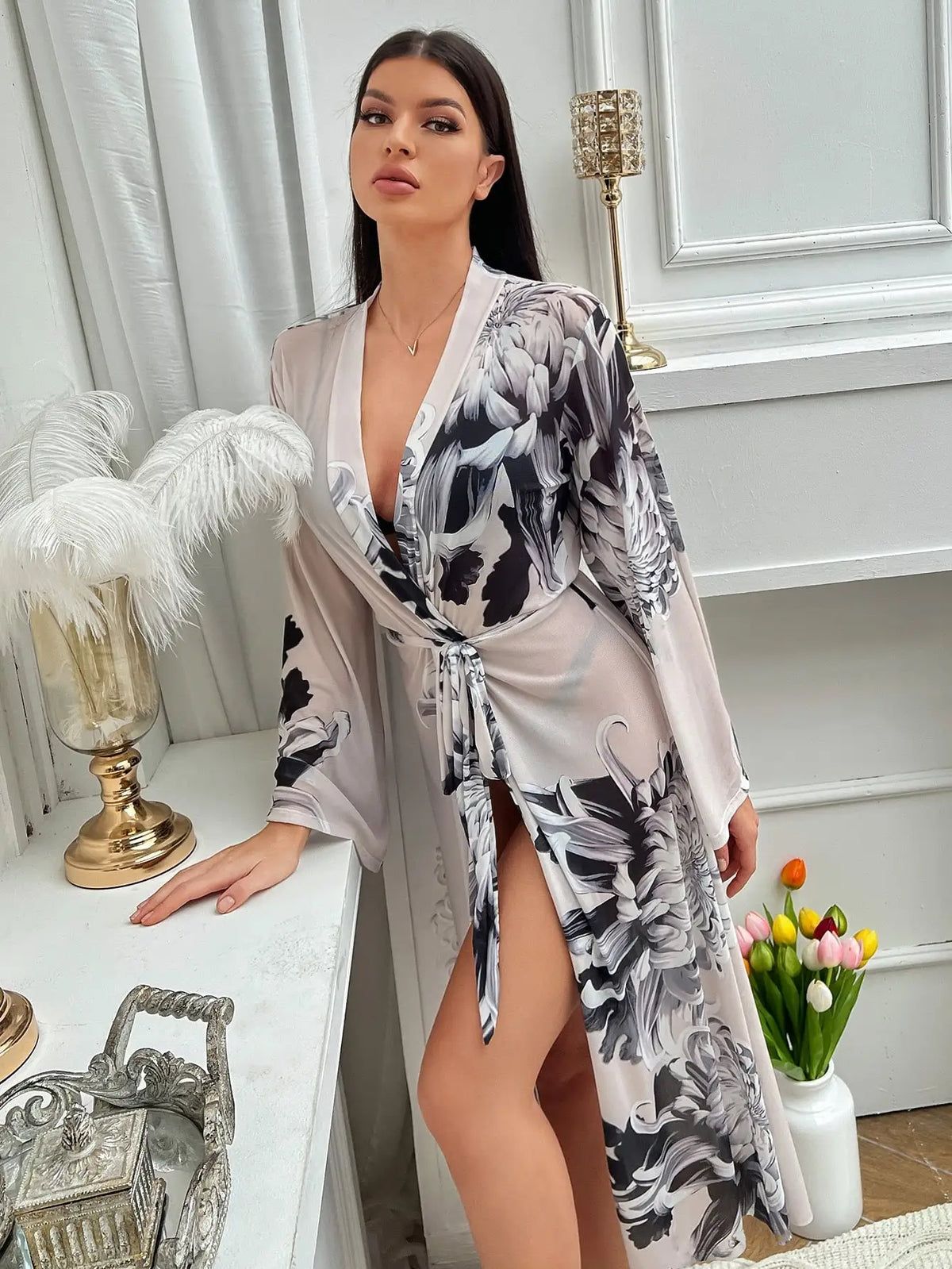 Damen-Pyjama-Set, geblümt, knöchellang, Polyester mit langen Ärmeln-2