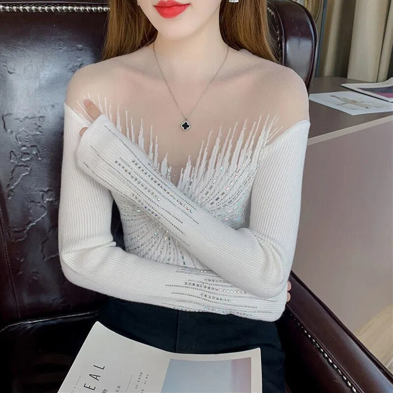 Dam Tröja Patchwork Design Polyester med Stående Krage-4