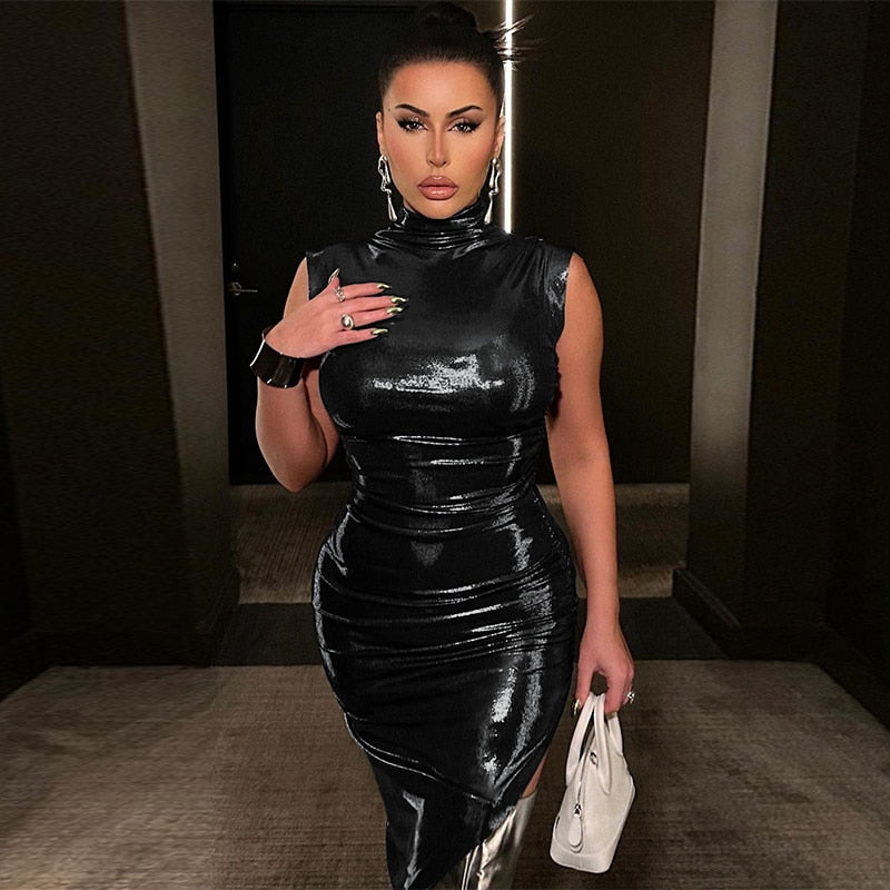 Fina Dam Klänningar Asymmetrisk Midi Turtleneck Polyester-4