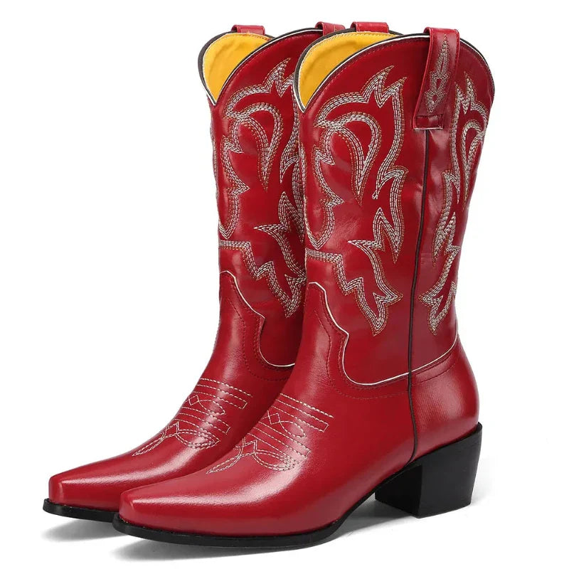 Dam Halvhöga Cowboystövlar med Blommor och Broderier i Högkvalitativt Syntetmaterial-2