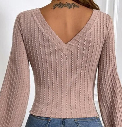 Dam Blus V-ringning Stickad Långa Ärmar Mjuk Höstmode-2