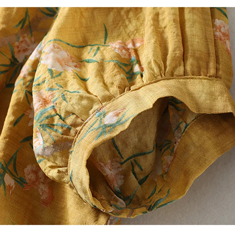 Dam Blus Av Linne Blommigt Tryck Avslappnad Passform-3