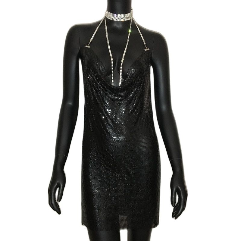 Kvinnors Mini Klänning Spaghetti Band Syntetisk Paljettdekoration-1