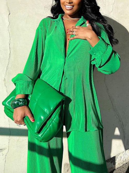 Kvinnors Lång Skjorta och Breda Byxor Tvådelad Uppsättning Högkvalitativt Material-1