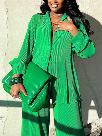 Variant image for Kvinnors Lång Skjorta och Breda Byxor Tvådelad Uppsättning Högkvalitativt Material-1