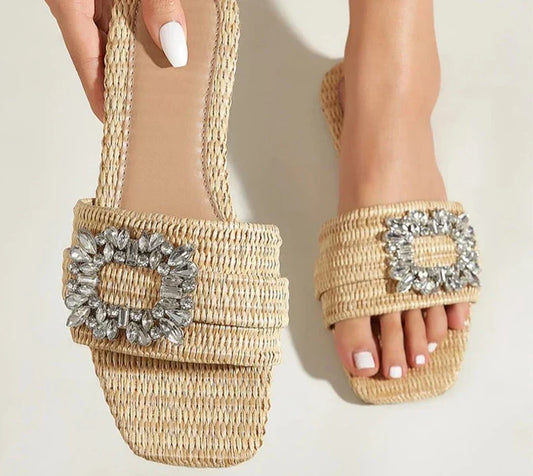 Dam Sandaler Fyrkantig Design Rattan Gummi-1