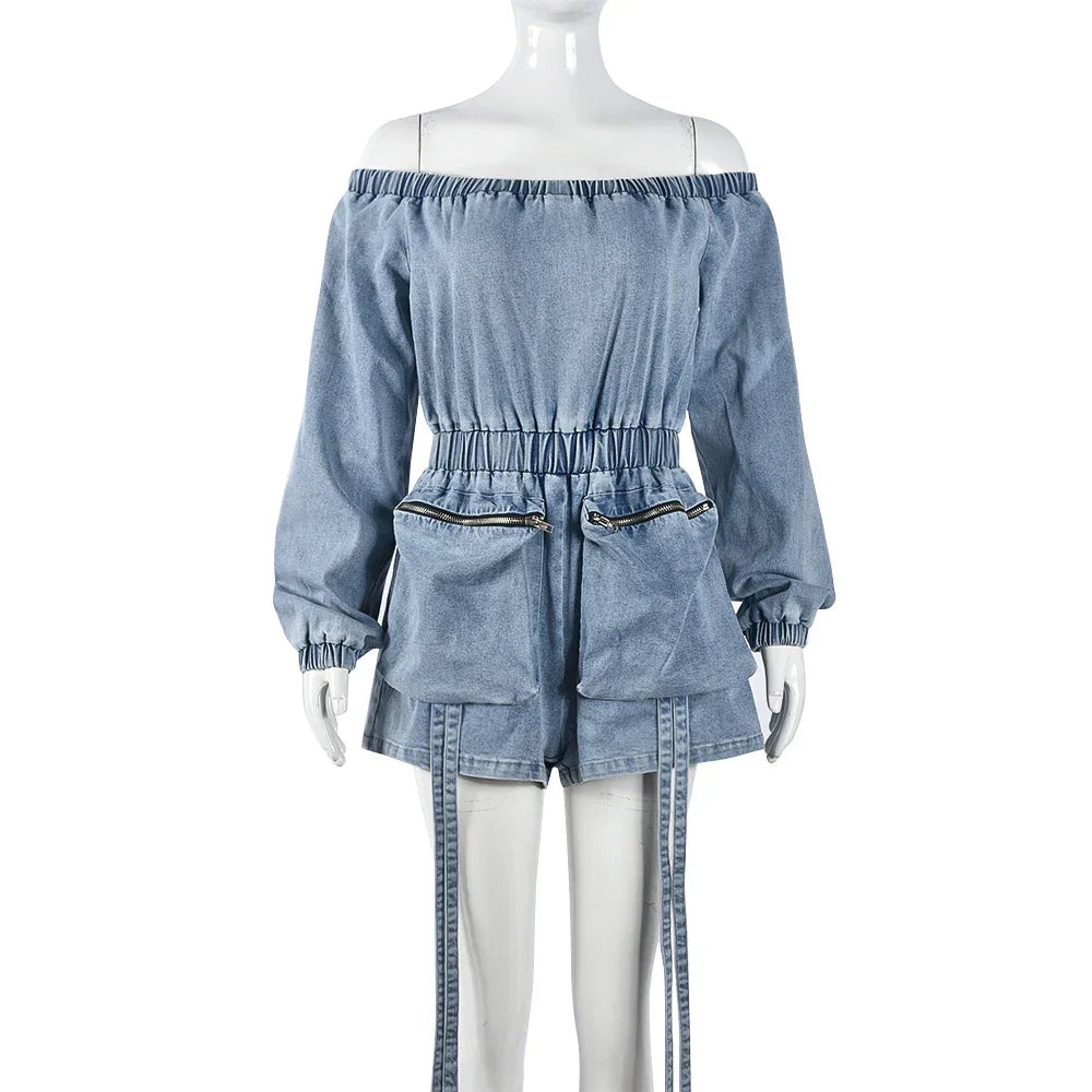 Variant image for Dam Jumpsuit Löst Snitt Denim med Fickor Polyester-Bomull-1