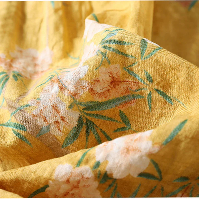 Dam Blus Av Linne Blommigt Tryck Avslappnad Passform-4