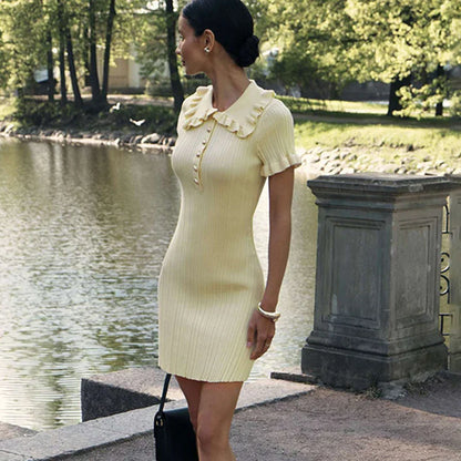 Dam Miniklänning med Knappdekoration och Hög Elastisk Ärmar Polyester-5