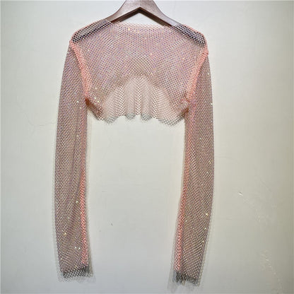 Dam Crop Top med Glansig Dekoration i Polyester – Lång Ärmlängd och Elastisk Passform 12