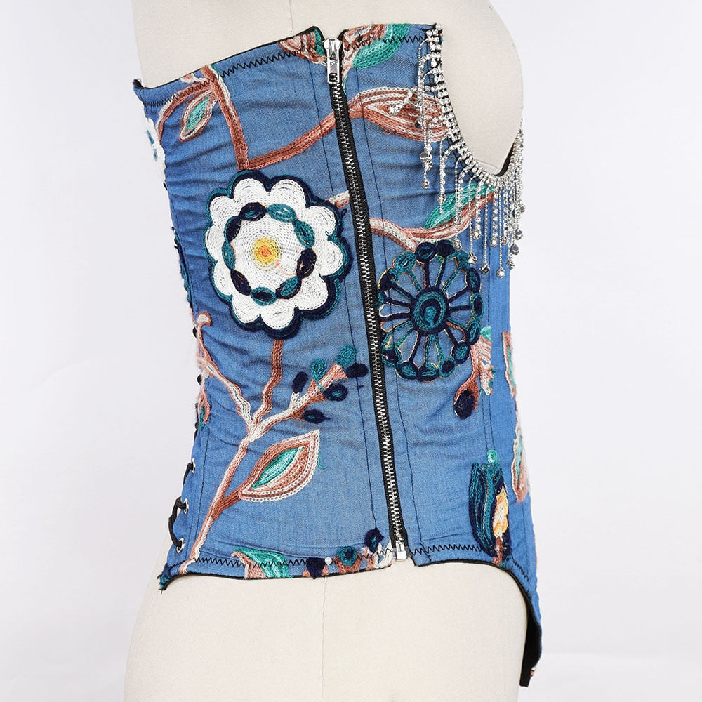 Dam Korsett Topp Blommigt Broderi Mjuk Bomull-5