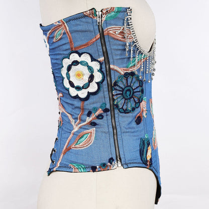 Dam Korsett Topp Blommigt Broderi Mjuk Bomull-5