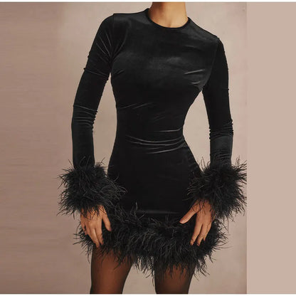 Fina Dam Klänningar med Fjädertrim Långa Ärmar i Högkvalitativt Material-6