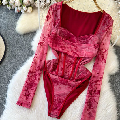 Dam Bodysuit Figursydd Polyester Modern Batikmönster-2